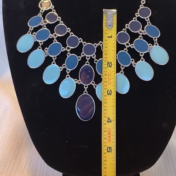 Silver Tone Statement Blue Oval Necklace- Women’s - Picture 4 of 4